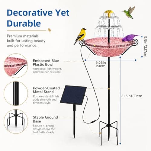 Bird Bath for Outside with Solar Fountain, Plastic Bowl on Metal Stake and Ground Stand, Freestanding Garden Accent for Yard and Patio (Pink(L)) - Thumbnail 5