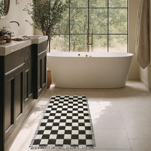 MatEssenz Checkered Runner Rug 2'x4', Black and White Waffle Weave Long Bathroom Rug with Tassels, Non-Slip & Quick Dry Bath Mat for Double Vanity & Kitchen, Machine Washable Boho Decor - Image 1