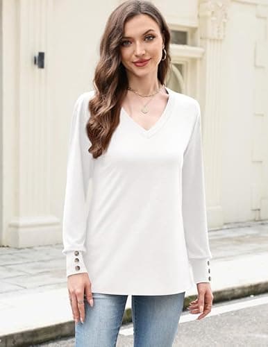 Misakia Tops for Women Trendy 2025 Dressy Casual V Neck Long Sleeve Buttons Fall Winter Flowy Tunic Tops Soft Blouses Shirts Business Casual Outfits Ladies Tops C-white - Thumbnail 2