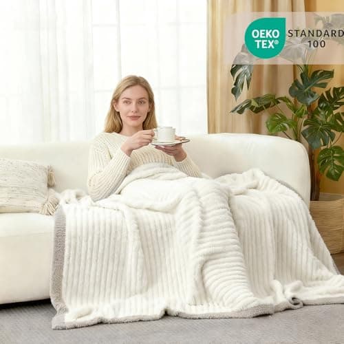 WRENSONGE Striped Throw Blanket, White Soft Cozy Fluffy Warm Hand Made Throw Blankets for Couch, Sofa, Chair, Bed, Camping, Picnic, Travel Lightweight Bed Blanket - 50"*60" - Thumbnail 3