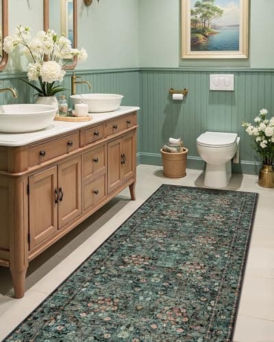 Lunasun Boho Dark Green Botanical 2x6 Washable Long Kitchen Runner Rug - Floral Throw Rug for Hallway, Bathroom, Indoor Entrance, Laundry, Bedroom - Soft Vintage Front Door Mat with Low Pile Non Skid - Thumbnail 6