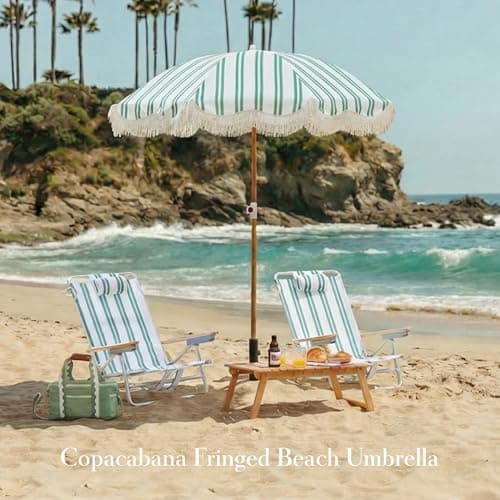 DEER LAND 6FT Stripe Fringe Beach Umbrella for Sand with Sand Anchor, UPF 50+ Sun Shade with Tassels, Adjustable Tilt Pole, Portable Coastal Umbrella for Beach & Pool, Heritage Ocean Cypress Stripe - Thumbnail 2