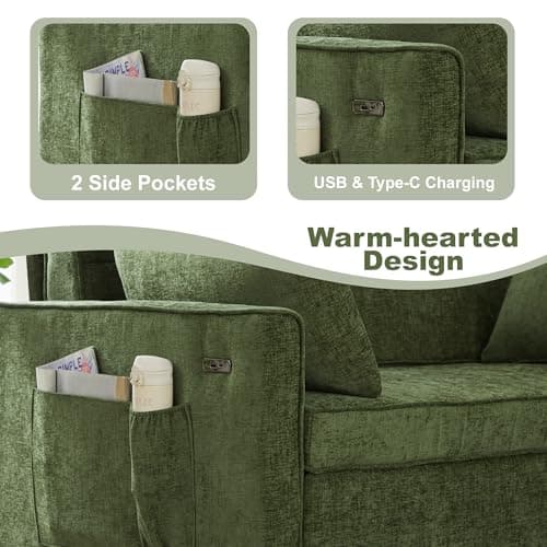 Tbfit 57" Loveseat Sleeper Convertible Sofa Bed, Futon Couch with Pullout Bed, USB & Adjustable Backrest, Chenille Full Size Pull Out Couches for Living Room, Apartment, Office, Dorm, RV, Green - Thumbnail 3