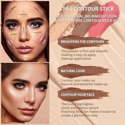 3Pcs Cream Contour Sticks Kit, Highlighter Stick Blush Stick Cream Contour Kit Makeup Set with Brush,Face Brightens & Shades Contour Stick Waterproof for Women - Thumbnail 2