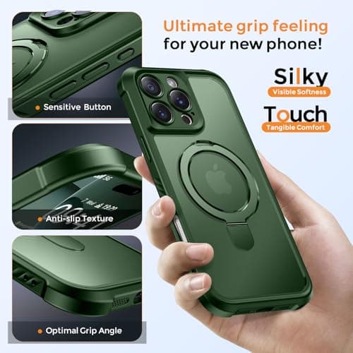 MOCCA Design for iPhone 16 Pro Max Case with Magnetic Invisible Stand [Full Camera Protection] [Compatible with Magsafe] Military Drop Shockproof Translucent Matte Phone Case Cover 6.9",Dark Green - Thumbnail 6