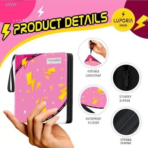 Trading Card Binder 4 Pocket,400 Pocket Card Collection Binder with 50 Removable Sleeves,PU Waterproof Top Card Book,3-Ring Zipper Collectible Trading Card Album for MTG/TCG/Card Holder Gift（Pink） - Thumbnail 3