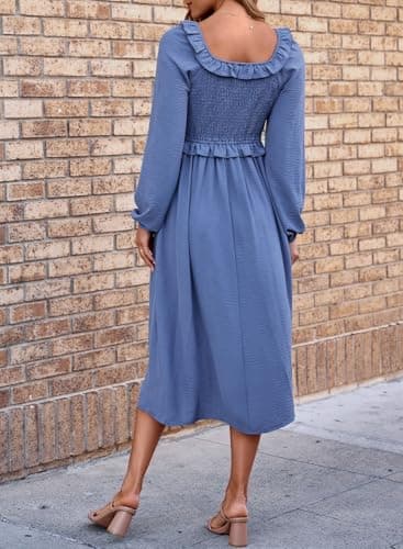 Dokotoo Dresses for Women Spring Outfits 2026 Blue Dress Plus Size Dresses for Teachers Wedding Guest Dress Casual V Neck Long Sleeve Women Clothing Summer Maxi Dress Blue - Thumbnail 5