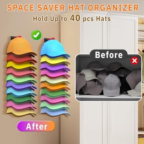 Volnamal Hat Organizer for Baseball Caps, 2 Pack Hold Up to 40 Hats, Hat Rack for Wall Space Saving, Hat Hanger w/Strong Adhesive Hat Storage Holder Display for Closet Door and Wall (Black & Color) - Thumbnail 4