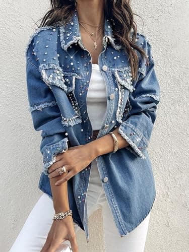 Huang's Women's Embellished Denim Jacket with Shiny Studs Non-Stretch Heavyweight Cotton, Classic Fit, Distressed Detailing Coat (US, Alpha, Medium, Regular, Regular, T234) - Thumbnail 5