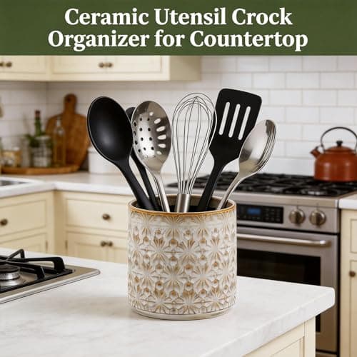 Utensil Holder Utensil Crock Rustic Embossed Ceramic Kitchen Utensil Holder – Farmhouse Decorative Countertop Organizer for Cooking Tools, Flowers, Coffee Pods, 5.3”x5.3” Vintage Beige - Thumbnail 3