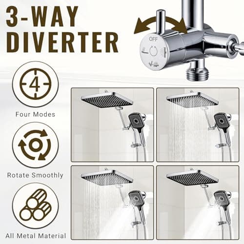 13-Inch Shower Heads with Multi-Function Handheld Sprayer Combo, 3-Way Metal Extended Diverter with Holder and Metal Adjustable Shower Extension Arm, Extra Long Hose(Chrome) - Thumbnail 4