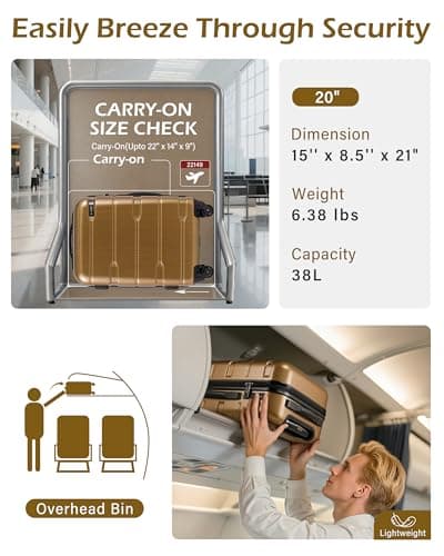 Coolife Carry On Luggage 22x14x9 Airline Approved Hardside PC+ABS Suitcase with TSA Lock, Lightweight Rolling Travel Luggage with Spinner Wheels(Black Brown, 20in) - Thumbnail 2