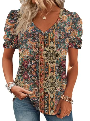 ATHMILE Womens Short Sleeve Tops V Neck Puff Summer Shirts School Teacher Outfits Spring Fall Tunic Fashion Trendy 2026 - Image 1