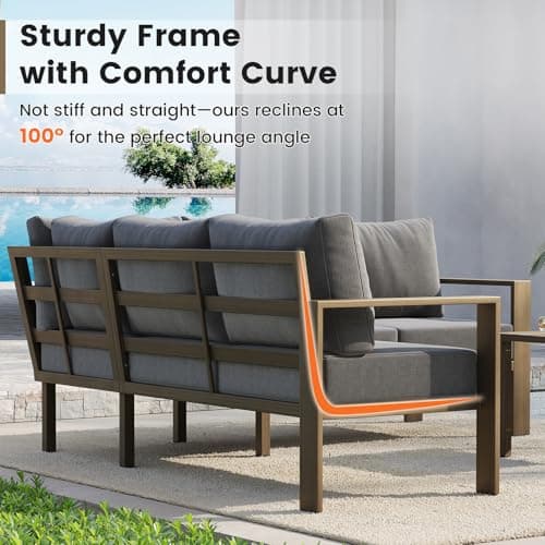 UDPATIO 6 Piece Patio Furniture Set, Faux Wood Metal Outdoor Sectional Sofa with 6" Thick Olefin Cushions, Wide Armrest & Coffee Table, L Shaped Outdoor Furniture for Garden, Backyard Dark Grey - Thumbnail 2
