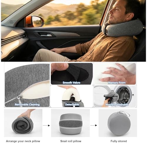 Bely King Travel Neck Pillow for Airplane - 100% Memory Foam 360° Ergonomic Support - Adjustable Velcro, Washable Velvet Cover & Compact Storage Case - Flight Essentials for Sleeping(Grey) - Thumbnail 5