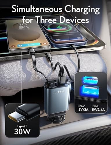 LISEN Car Charger USB C Fast Charge, Retractable Car Charger USB C [98% Space-Smart] Valentines Day Gifts Car Accessories for Him Her Women Men Phone Type C Car Charging for iPhone 17 16 15 Samsung - Thumbnail 3