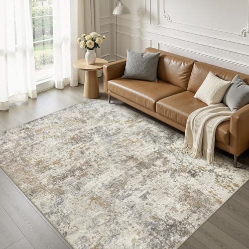 kakania 5x7 Washable Area Rug: Abstract Modern Non Slip Soft Low Pile Carpet, Easy Clean Polyester Kid Pet Friendly, Thin Rug for Living Room Bedroom Kids Dorm Office, Robot Vacuum - Brown Gold - Image 1