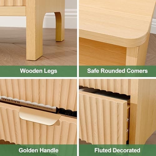 PATAVOT Fluted Night Stand with Charging Station, 23" Wide Natural Oak Nightstand with 2 Large Drawers & Storage Shelf, Light Wood Nightstand for Bedroom, Living Room, Study - Thumbnail 5