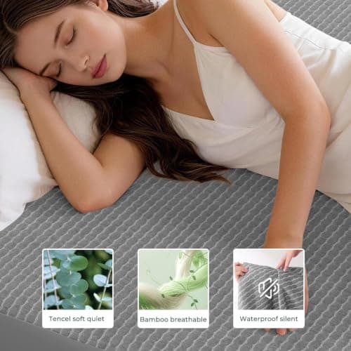 California King Waterproof Mattress Protector, Tencel Bamboo Cooling Breathable Mattress Cover with Deep Pocket, Noiseless Fitted Mattress Pad, Soft Mattress Procter Cal King Size Bed,72"x84" - Thumbnail 5