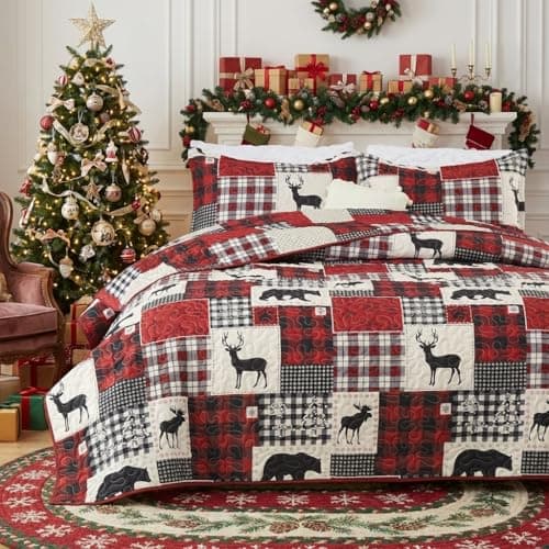 CAROMIO Christmas Quilt Set King Size, Reversible Printed 3 Pieces Quilts Coverlet Bed Set Holiday Decorative Bedding, Soft Microfiber Fabric, 1 Quilt and 2 Pillow Shams (‌Black Red, King)