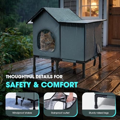 Weatherproof Heated Cat House for Outside with Heating Pad, Elevated Feet Outdoor Cat House, Expanded Canopy Warm Cats Shelter, Heating Pet Beds for Feral or Stray Cats in Winter (Warm Grey, Unheated) - Thumbnail 4