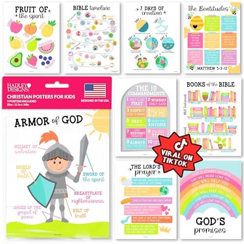 Hadley Designs Sunday School Decorations for Classroom –9 Bible Posters for Kids, Books of the Bible, 10 Commandments, Bible Timeline Chart, Fruits of the Spirit, Pastel Christian Classroom Decor - Image 1