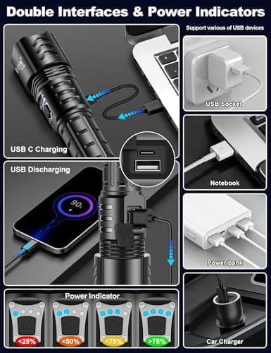 PHIXTON Rechargeable Flashlights High Lumens 100000 Super Bright Long Range 3280FT, Long Lasting 15H Powerful USB C LED Strong Flash Light High Powered, Heavy Duty, Zoomable, for Home Camping Gift - Thumbnail 5