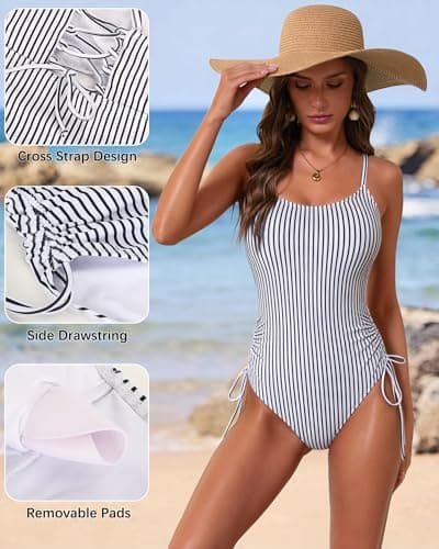 IEEILULU Women One Piece Swimsuits Sleeveless Cutout Back Spaghetti Straps Bathing Suit Tummy Control Swimsuit with Chest Pad Black Striped L - Thumbnail 6