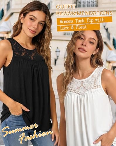 Summer Tank Tops for Women - Sleeveless Womens Tank Tops, Floral Lace Top Loose Fit Round Neck Blouses for Casual Wear White - Thumbnail 6