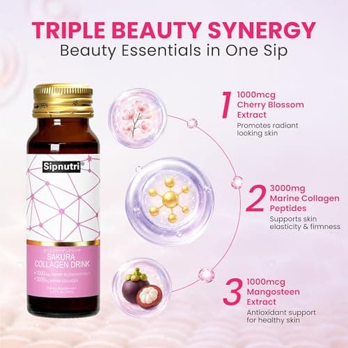 Sipnutri Sakura Collagen Drink - 3000mg Marine Peptides Liquid Shot for Women and Men, Hydrolyzed with Cherry Blossom & Mangosteen Extract, Supports Skin Hydration, Hair & Nail Health –1.69 fl oz x30 - Thumbnail 4
