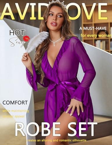Avidlove Mesh Lingerie Robe Sets for Women Sexy Nightgown Long Sleeve Kimono Ruffle Nighty With Thong （ Purple, M - Thumbnail 2