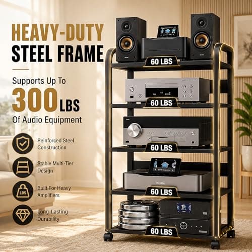OVZXSD 5-Tier Av Media Stand with Wheels, Audio Tower Rack with Adjustable Shelves, Stereo Racks and Stands with Storage Shelves, Media Console for Home, Office, Theater, Black - Thumbnail 6