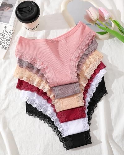 ALL OF ME Women Cotton Underwear Sexy Criss Cross Lace Trim Low Rise Lingerie Wife Gift Cheeky Bikini Panties 6 Pack - Thumbnail 2