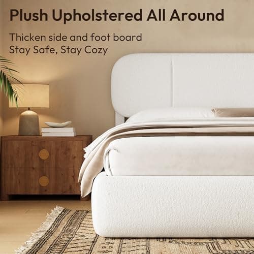 Uteeran Full Size Bed Frame with Storage, Boucle Cloud Bed with 4 Locking Drawers & LED Lights, Modern Upholstered Platform Bed, Plush Sides & Footboard, Adjustable Headboard, No Box Spring, White - Thumbnail 5
