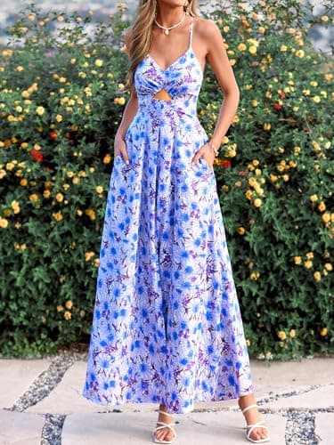 BTFBM Summer Dresses for Women 2026 Spring Floral Spaghetti Strap Smocked Cutout Maxi Dress Resort Beach Vacation Outfit(Floral Blue, Medium) - Thumbnail 6