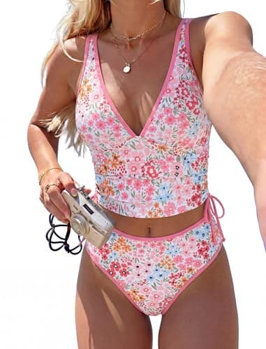 Jillumi Two Piece Tankini Swimsuits for Women Tummy Control Bathing Suit Color Block V Neck Swim Suits with High Waisted Bottom (Pink Floral, XX-Large) - Image 1