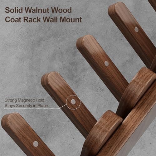 Sueuapp Walnut Wood Coat Rack Wall Mount,16.5" Wall Mounted Coat Rack with 8 Retractable Hangers,Heavy Duty Coat Hooks for Hanging Coats,Hats,Towels,Bags,Key Holder for Entryway - Thumbnail 3