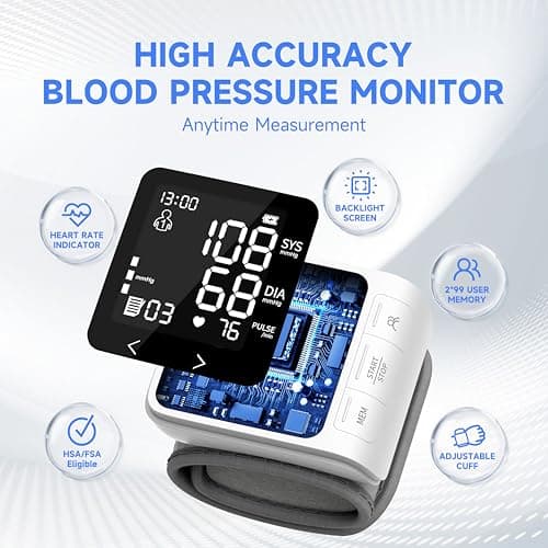 VivaGuard Wrist Blood Pressure Monitor, LCD Backlit Dispaly BP Machine Automatic Digital Portable Wrist Blood Pressure Cuff with Heartbeat Detector, 2 * 99 Memory, Carrying Case, 2 AAA Batteries - Thumbnail 2