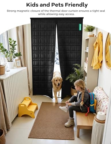AEOCOO Thermal Door Curtain, Fit Size up to 32 x 80 Inches, Magnetic Insulated Door Curtains for Doorway/Front/Back/Basement, Oxford Cover with Thick Cotton to Keep Warm Winter, Black, Rectangle - Thumbnail 3