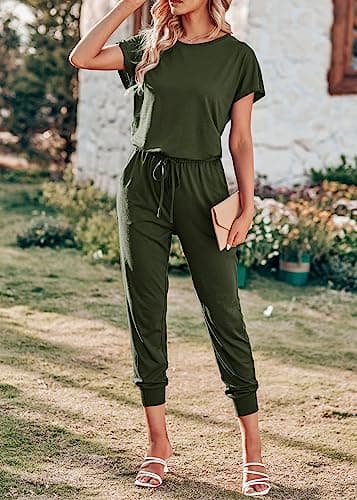 KIRUNDO Jumpsuits for Women Summer 2026 Casual Short Sleeve One Piece Outfits Drawstring Waist Long Pants Romper Jumpers(Army Green, Medium) - Thumbnail 4