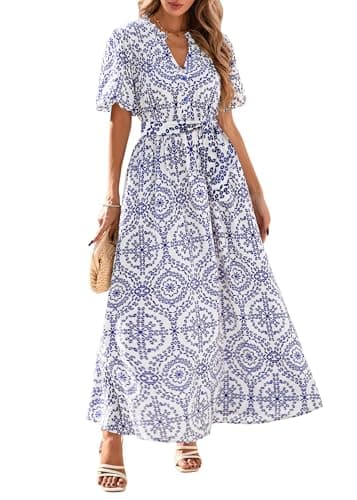 KIRUNDO Women Spring Summer Wedding Guest Boho Floral Maxi Dress Puff Sleeve Button Shirt V Neck Flowy Beach Vacation Dress(Blue, Large) - Image 1