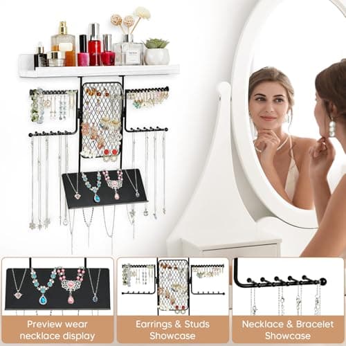 BNING Hanging Jewelry Organizer, Wall Jewelry Organizer with Shelf for Women, Rustic Wooden Necklace Holder Wall Mounted, Earring Holder Organizer Display for Earrings Bracelets Necklaces - Thumbnail 2