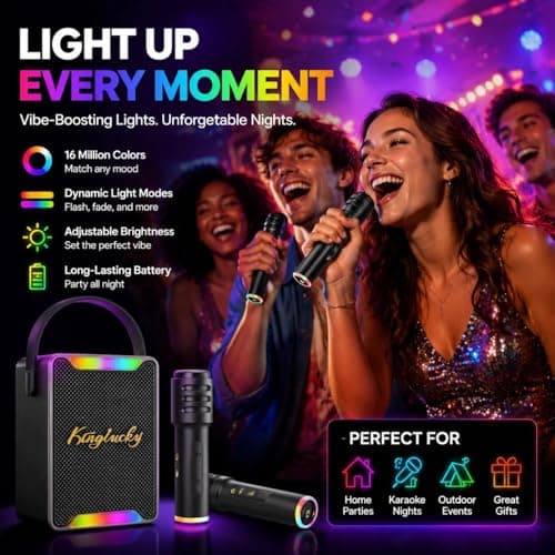 Portable Karaoke Machine for Kids Adults, Singing Machine Karaoke with 2 Wireless Microphones for Home Outdoor, Bluetooth 6.0, Voice Changer LED Lights Party Entertainment, Gift for Women Men Kids - Thumbnail 5