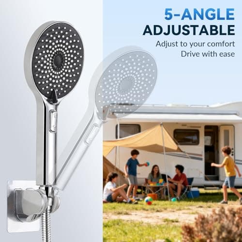 RV Shower Head with ON/OFF Switch, 5 Modes High Pressure RV Shower Head with hose, Shower Head Replcement for RV, Camper and Travel Trailer, with Adhesive Bracket, Polished Chrome - Thumbnail 6