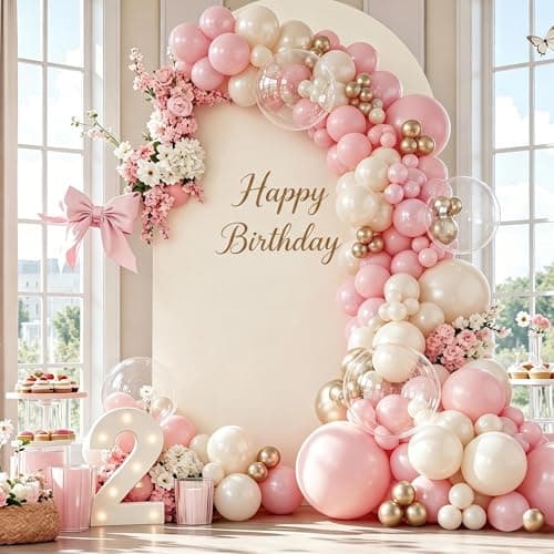 Pink White Gold Balloon Arch Kit, 132Pcs Double Stuffed Pearl Pink White Gold Clear Balloons for Fairy Baby Shower Wedding Bridal Shower Birthday Party Decorations - Thumbnail 3