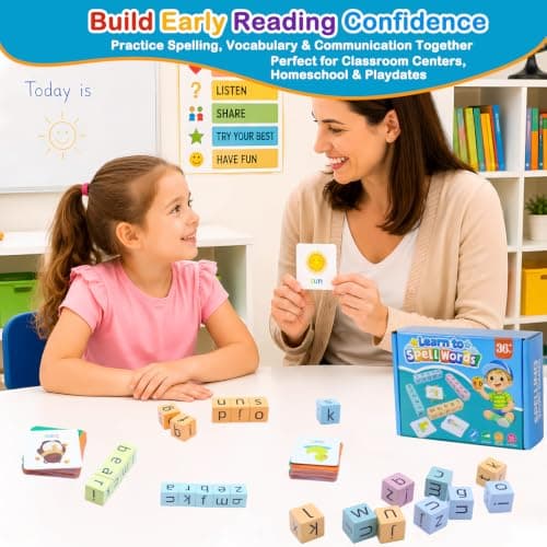 Humerry Spelling Games for Kids Ages 3-8, Phonics Matching Game with 54 Flash Cards & 20 Letter Blocks, CVC & Sight Word Building Reading Game, Classroom Must Haves for Preschool & Kindergarten - Thumbnail 3