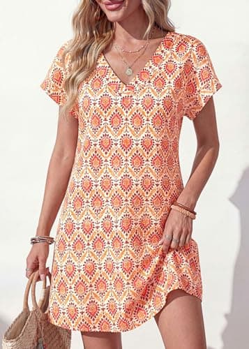KIRUNDO Summer Dresses for Women 2026 Beach Sundress Spring Casual V Neck Boho Floral Vacation Outfits Cruise Resort Wear(Floral Apricot Red, Medium) - Thumbnail 3