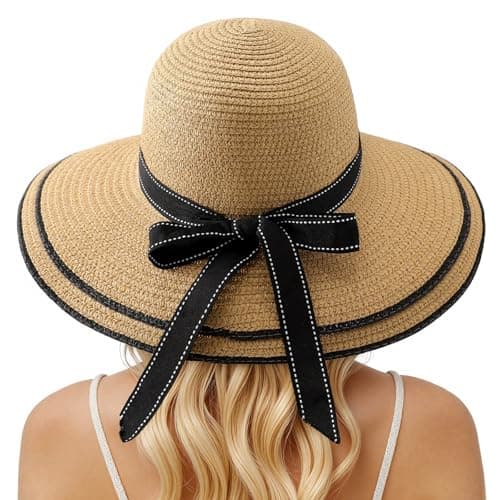 Beach Sun Hats for Women - Wide Brim Beach Hat for Women Foldable Packable Roll up Cap Straw Hat UPF 50+ UV Brown - Image 1