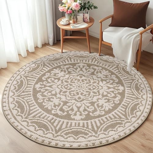 U'Artlines 4ft Round Area Rug Non Slip Low Pile Circle Floor Mat Beige - Image 1