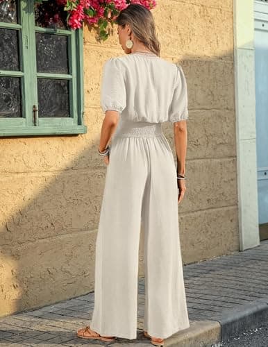 LOOKBOHO Womens Jumpsuits Summer Casual Dressy Peplum Sleeve Wide Leg Long Pants Rompers 2026 Trendy Outfits Ivory XXL - Thumbnail 3